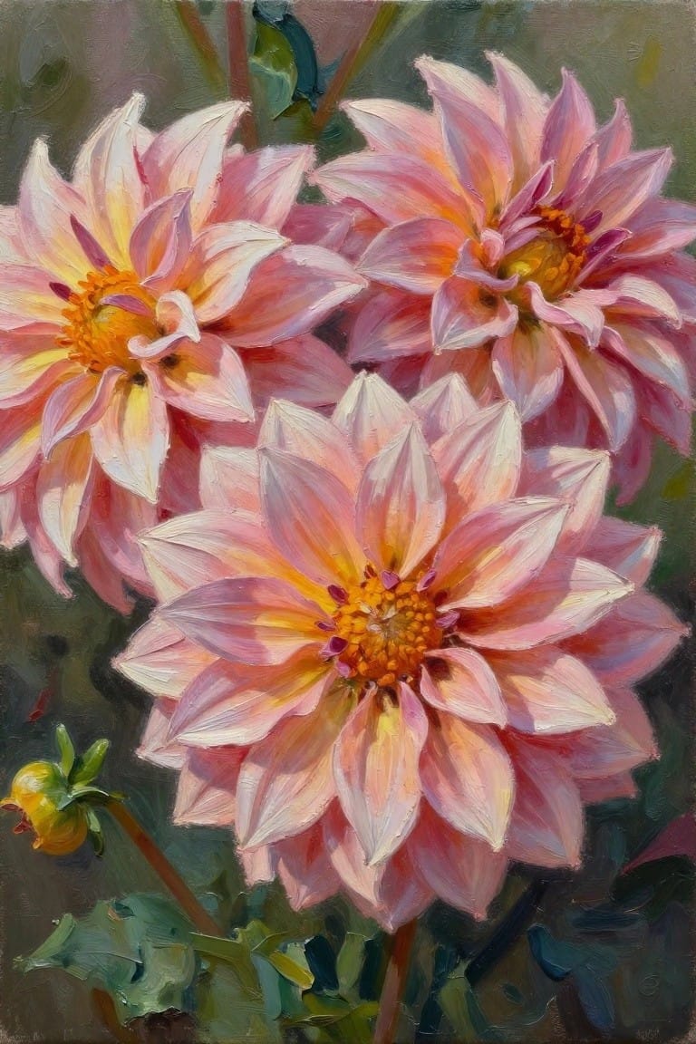 Vivid pink dahlias with orange centers bloom amid green leaves and a bud.