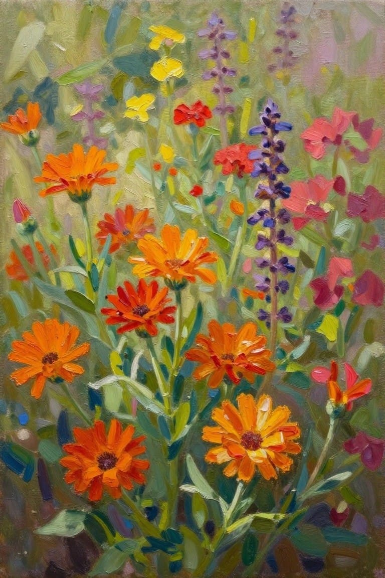 Vibrant painting of orange daisies, red blooms, and purple spikes amid green foliage