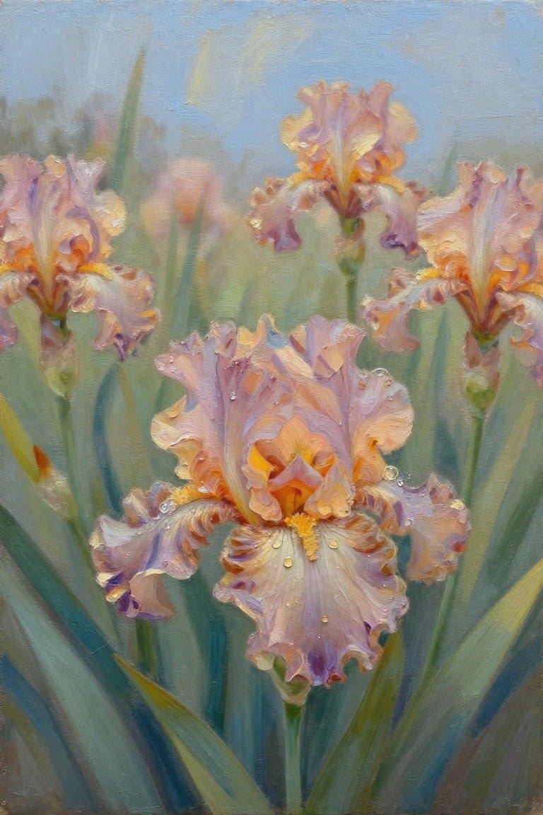 Dew-covered pink and orange irises blooming among green leaves in soft light.