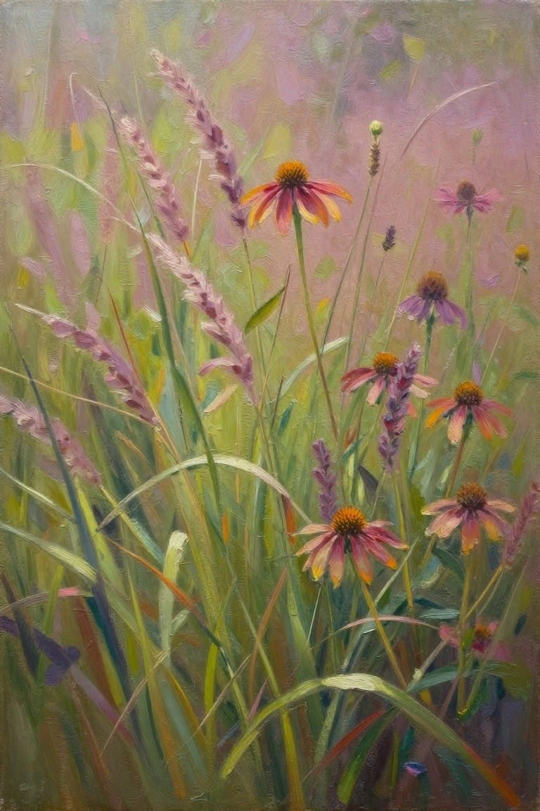 Impressionistic painting of pink coneflowers and purple lavender amid green grass