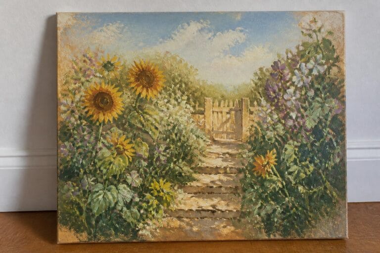 23 Colorful Summer Garden Oil Painting Ideas Inspired by Sunlit Garden Scenes Oil painting of sunlit stone path with sunflowers, daisies, and flowers to white gate