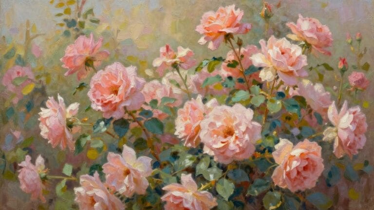 23 Colorful Summer Garden Oil Painting Ideas Inspired by Sunlit Garden Scenes Lush pink roses blooming amid green leaves in an impressionistic garden scene