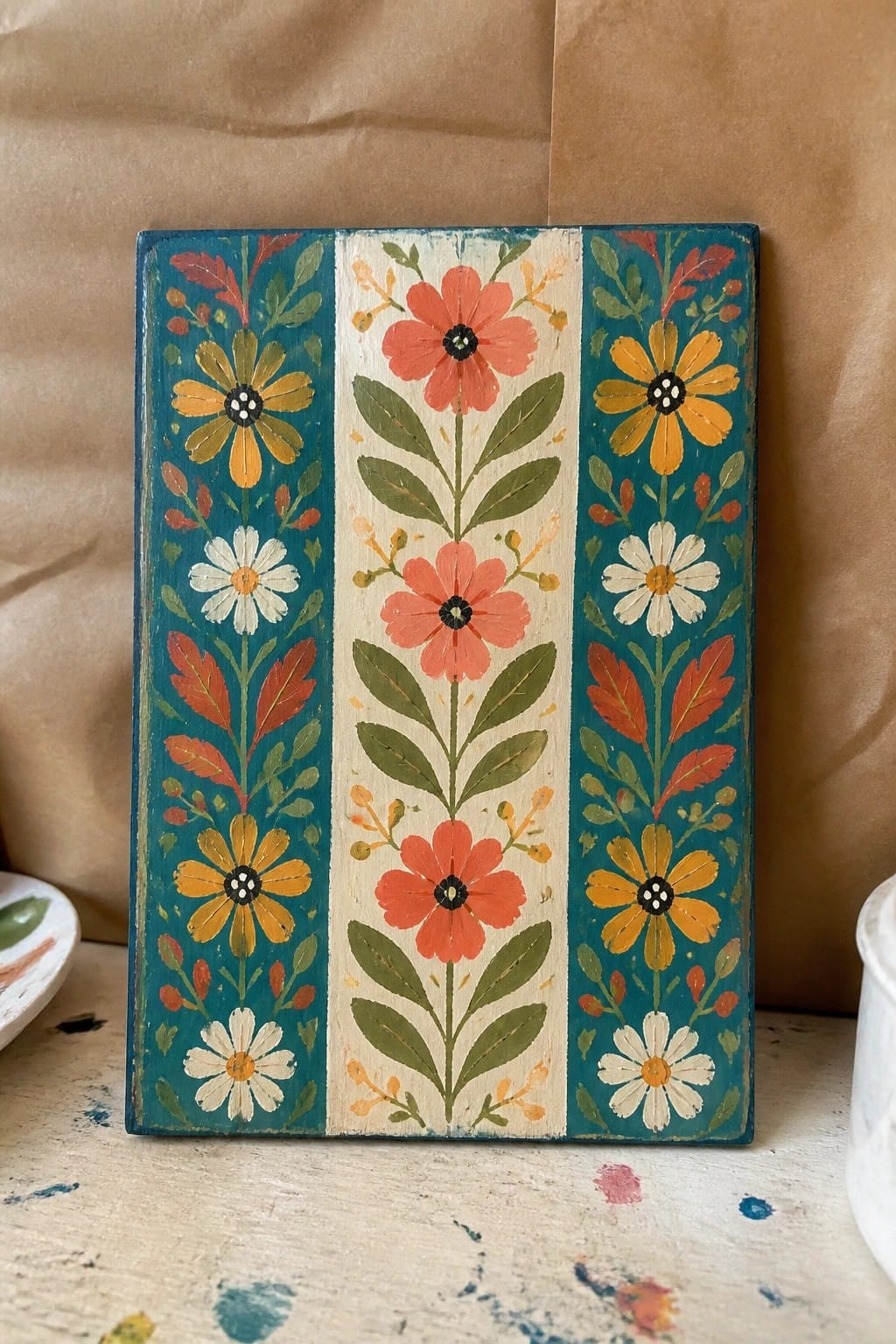 Hand-painted wooden plaque with teal floral panels and central coral blooms in folk style.