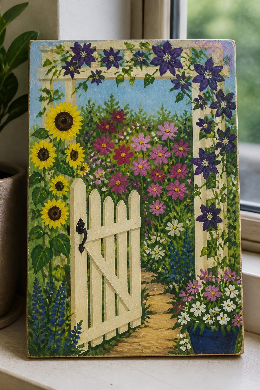 Vibrant painting of white picket gate amid sunflowers, colorful blooms, and garden path.