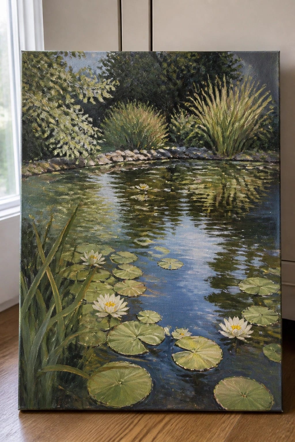 Oil painting of a pond with lily pads, white flowers, and lush green foliage.
