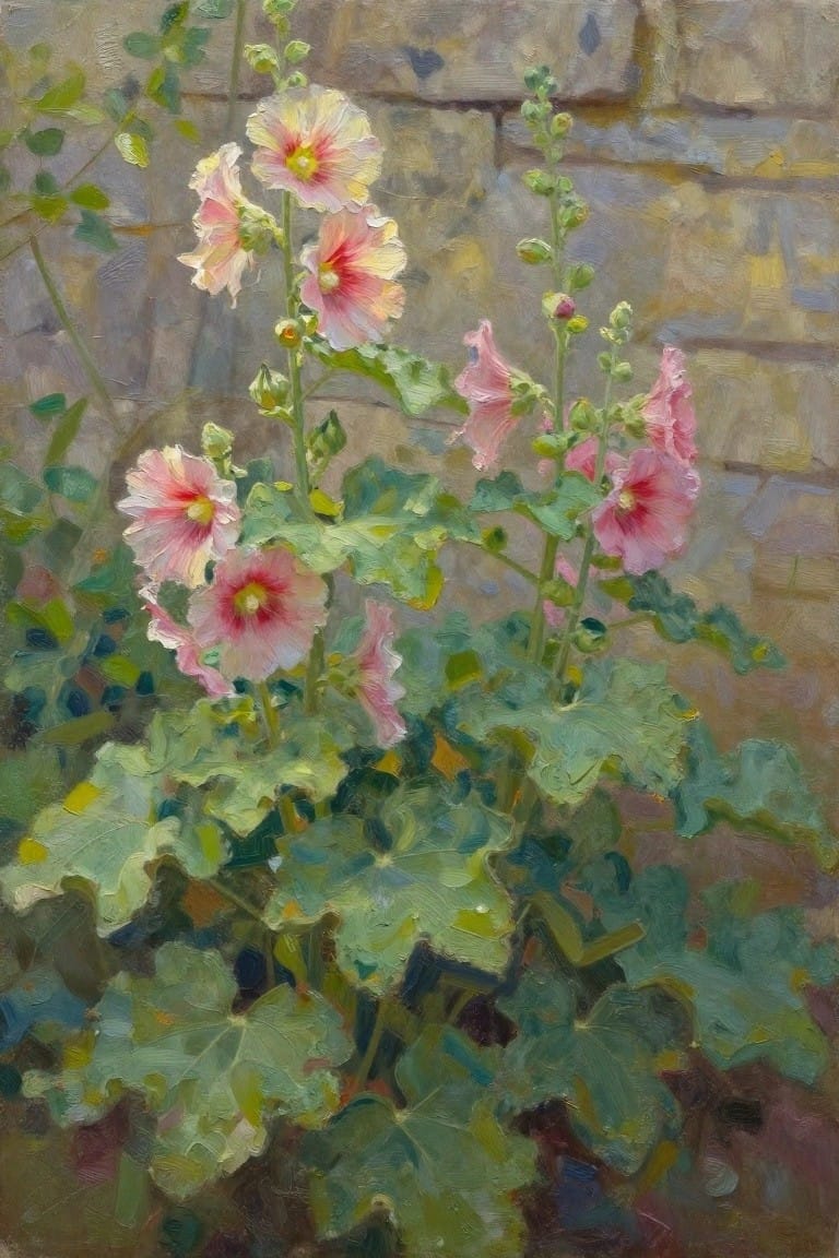 Pink hollyhocks with green leaves bloom before a textured stone wall