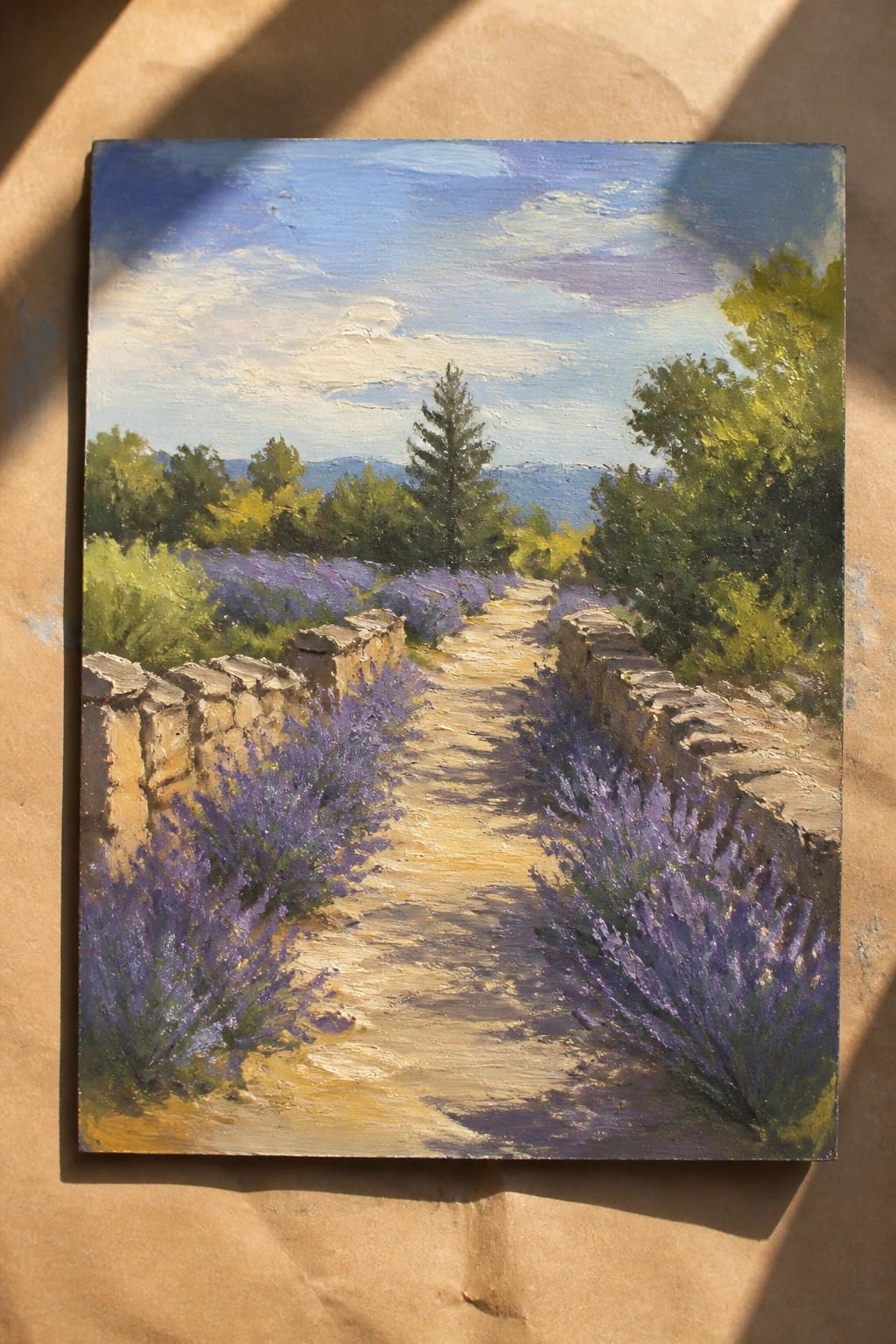 Vibrant oil painting of lavender path bordered by stone walls under blue skies