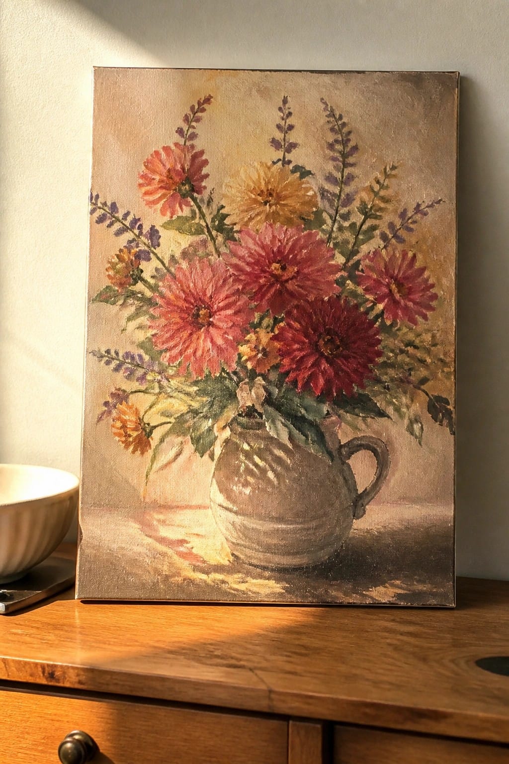 Vibrant pink and red dahlias in a rustic pitcher on sunlit wooden table