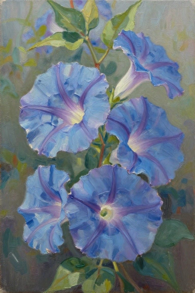 Blue morning glories with purple veins, white centers, and green leaves in oil paint.