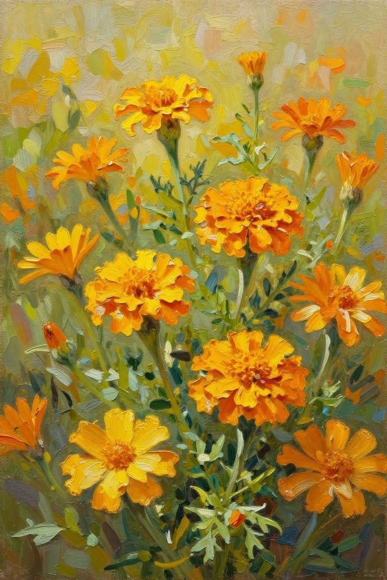 Vibrant orange marigolds blooming amid green leaves in textured oil painting style