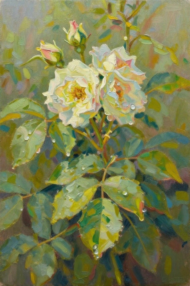 Dew-covered white roses bloom amid green leaves in a soft oil painting.