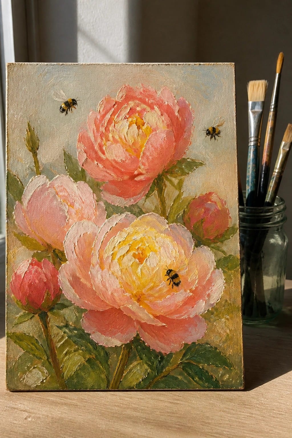 Oil painting of pink peonies with bees beside jar of paintbrushes on wood