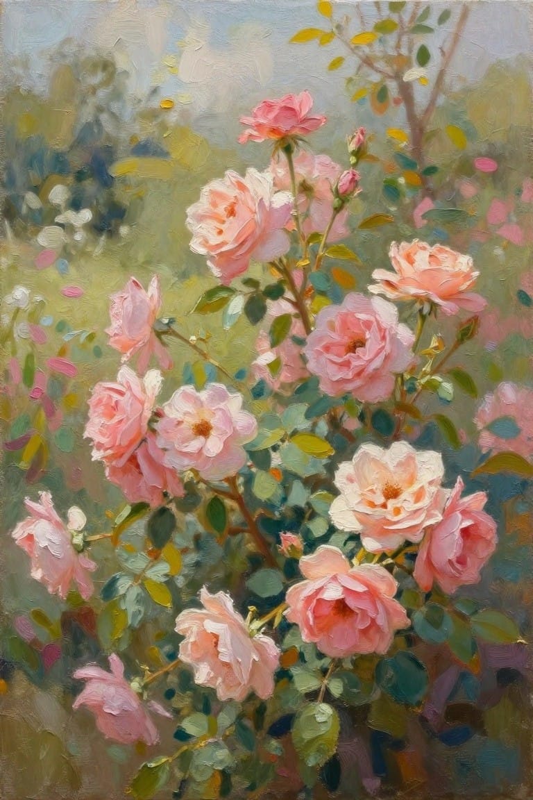Lush pink roses blooming amid green leaves in an impressionistic garden scene