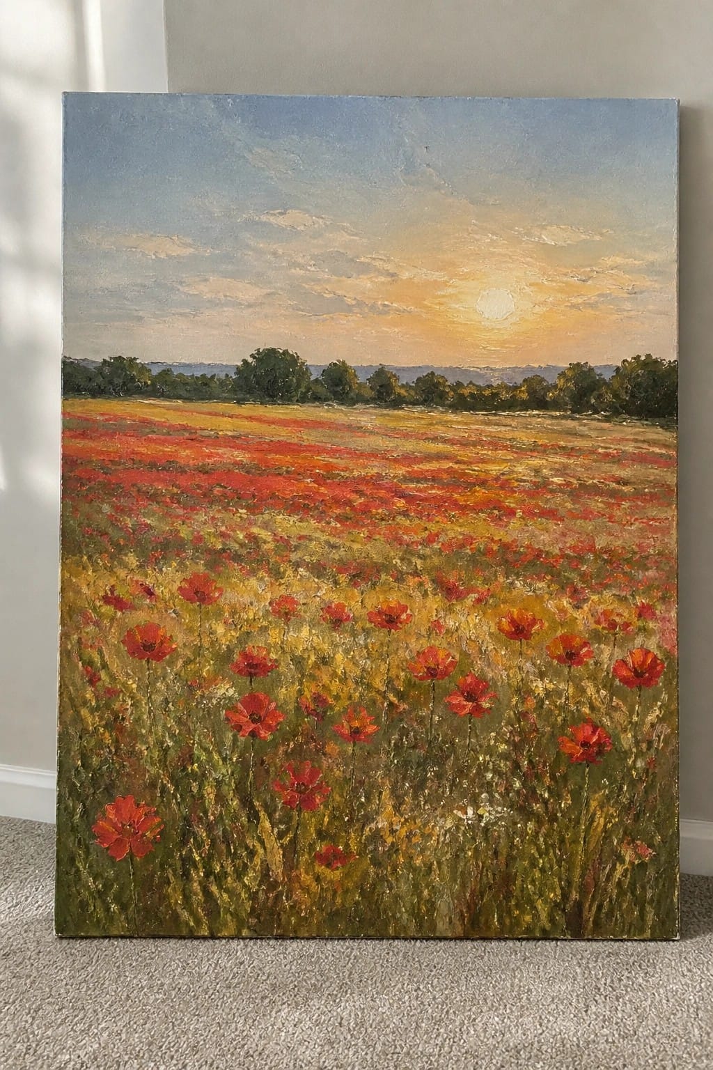 Vibrant oil painting of red poppies blooming in a golden field at sunset.