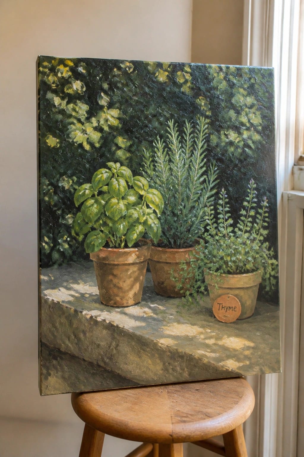 Oil painting of potted basil, rosemary, and thyme on a stone ledge.