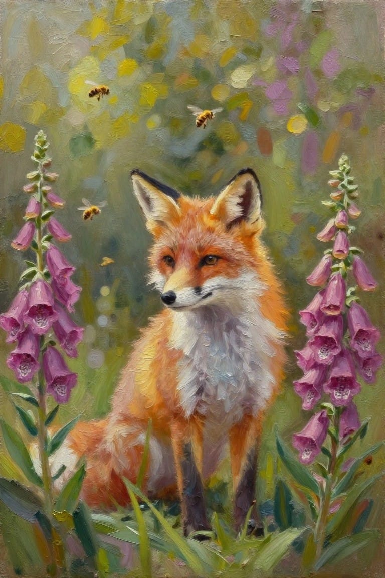 Red fox sitting amid purple foxgloves with bees in a lush meadow