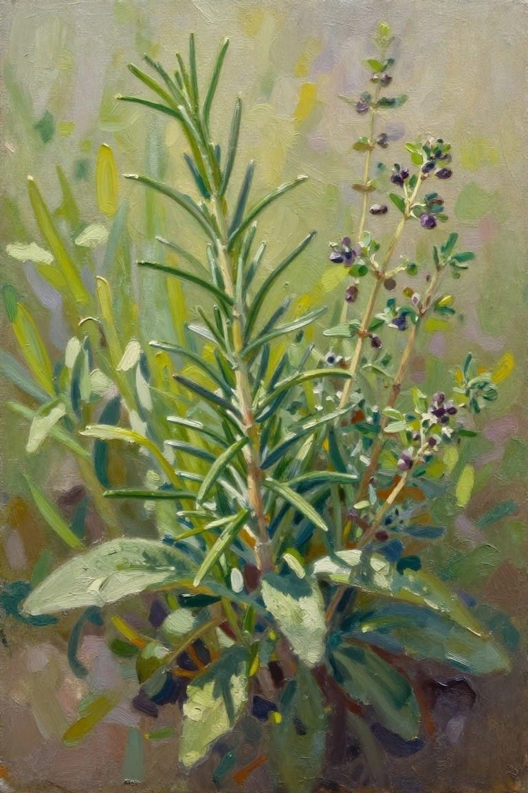 Oil painting of rosemary sprigs beside purple-flowered herbs with visible brushstrokes.