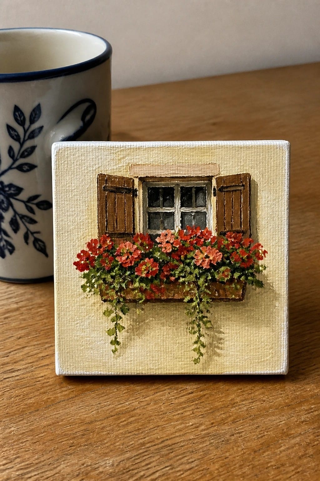 Miniature canvas painting of window with red flowers beside mug on wood table.