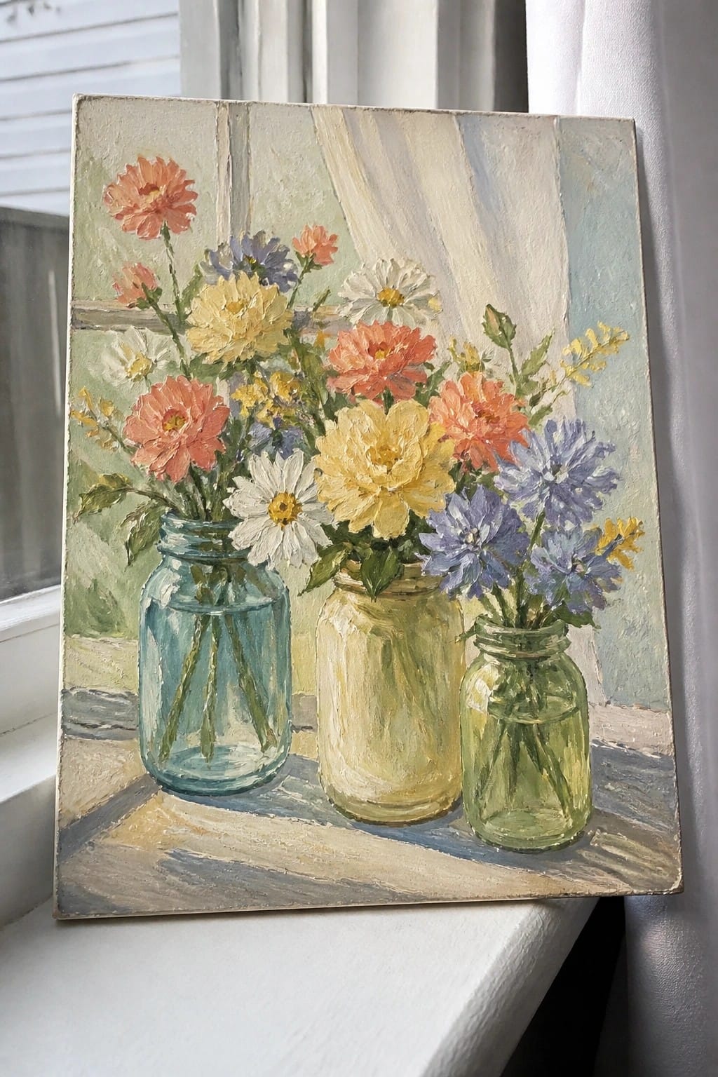 Colorful flowers in three glass jars on a sunlit windowsill oil painting