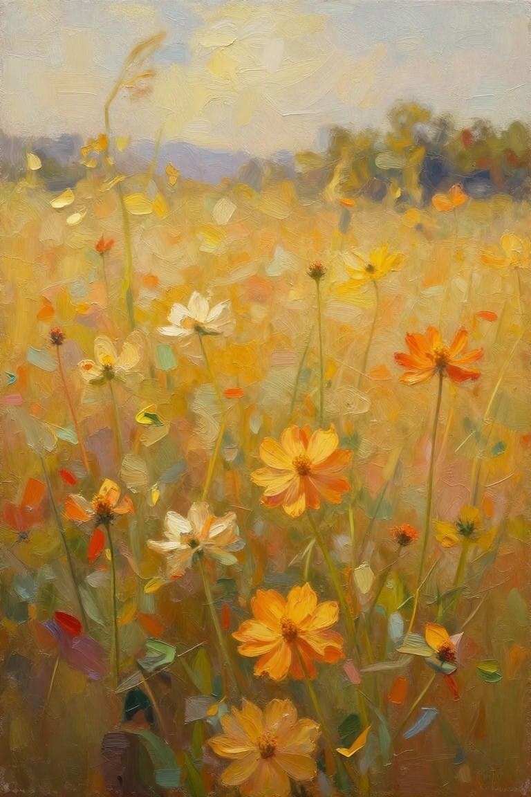 Impressionistic oil painting of a vibrant field blooming with yellow and orange wildflowers.