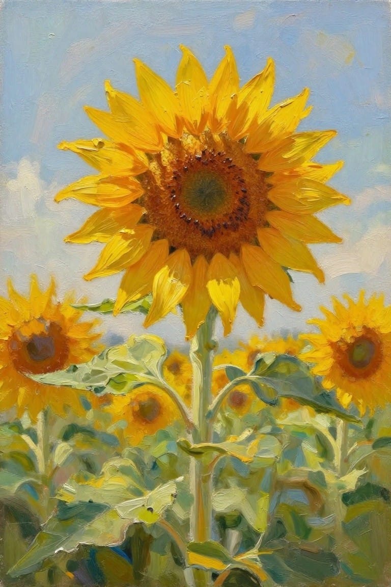Large yellow sunflower blooming amid a vibrant field under blue sky