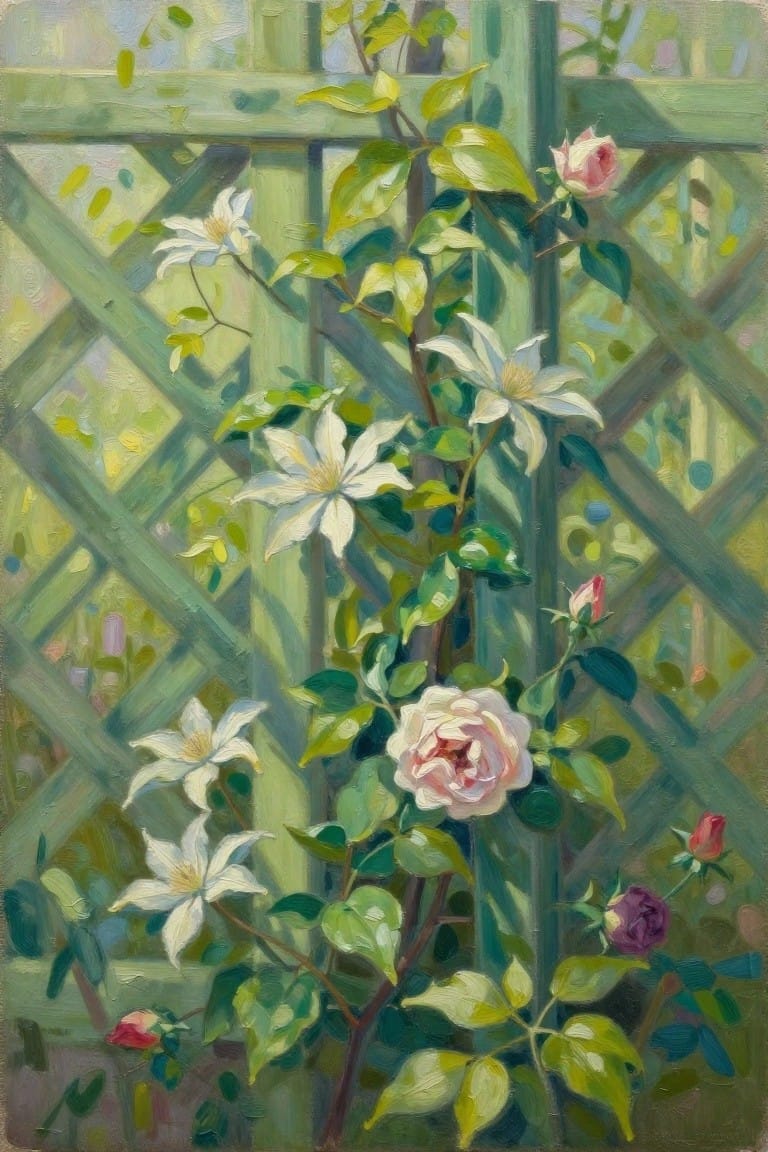 White clematis and pink roses climbing sunlit green wooden lattice trellis with leaves