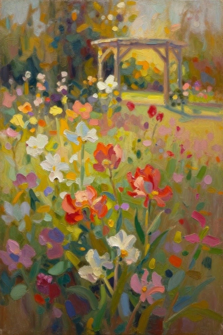 Impressionist painting of vibrant flowers blooming before a wooden pergola