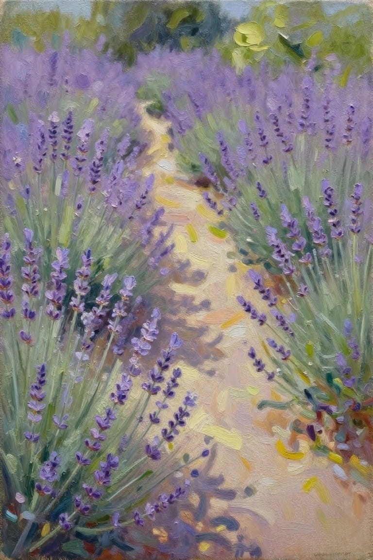 Winding path through blooming purple lavender fields, rendered in vibrant oil paint.