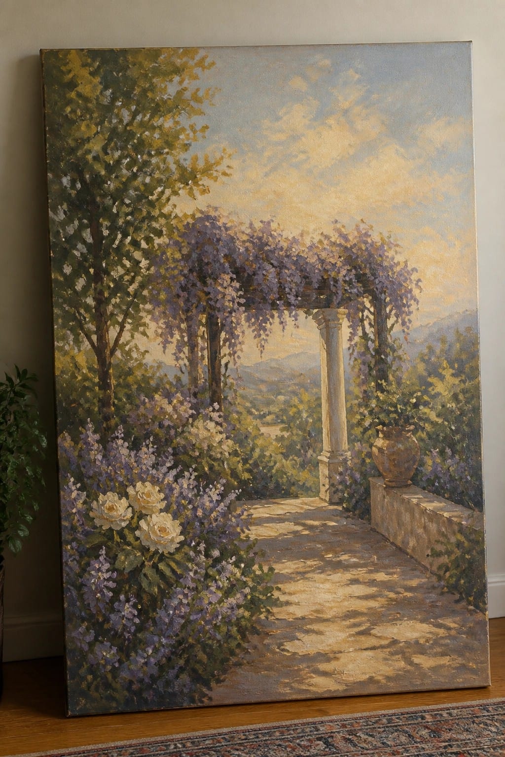 Sunlit oil painting of wisteria pergola, white roses, stone path, and mountain vista.