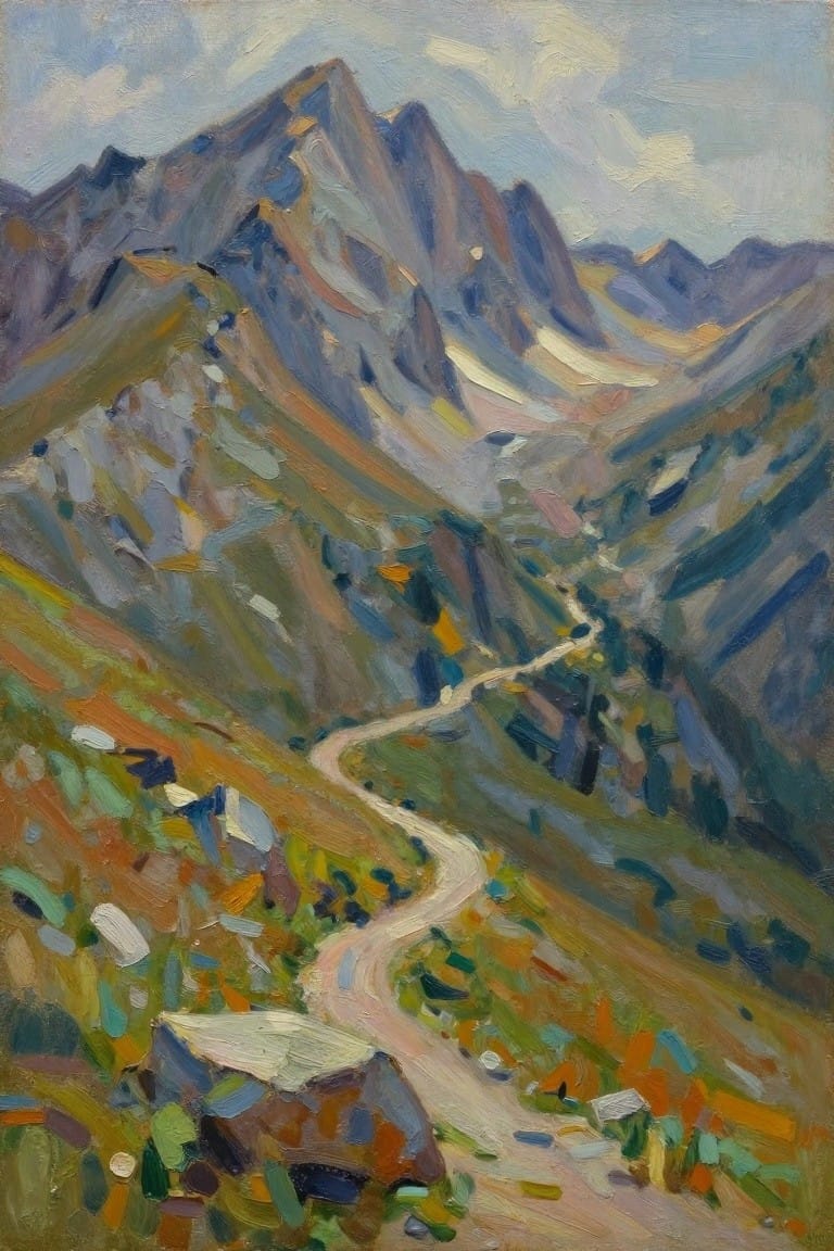 Vibrant impressionist painting of winding path through colorful mountain peaks.