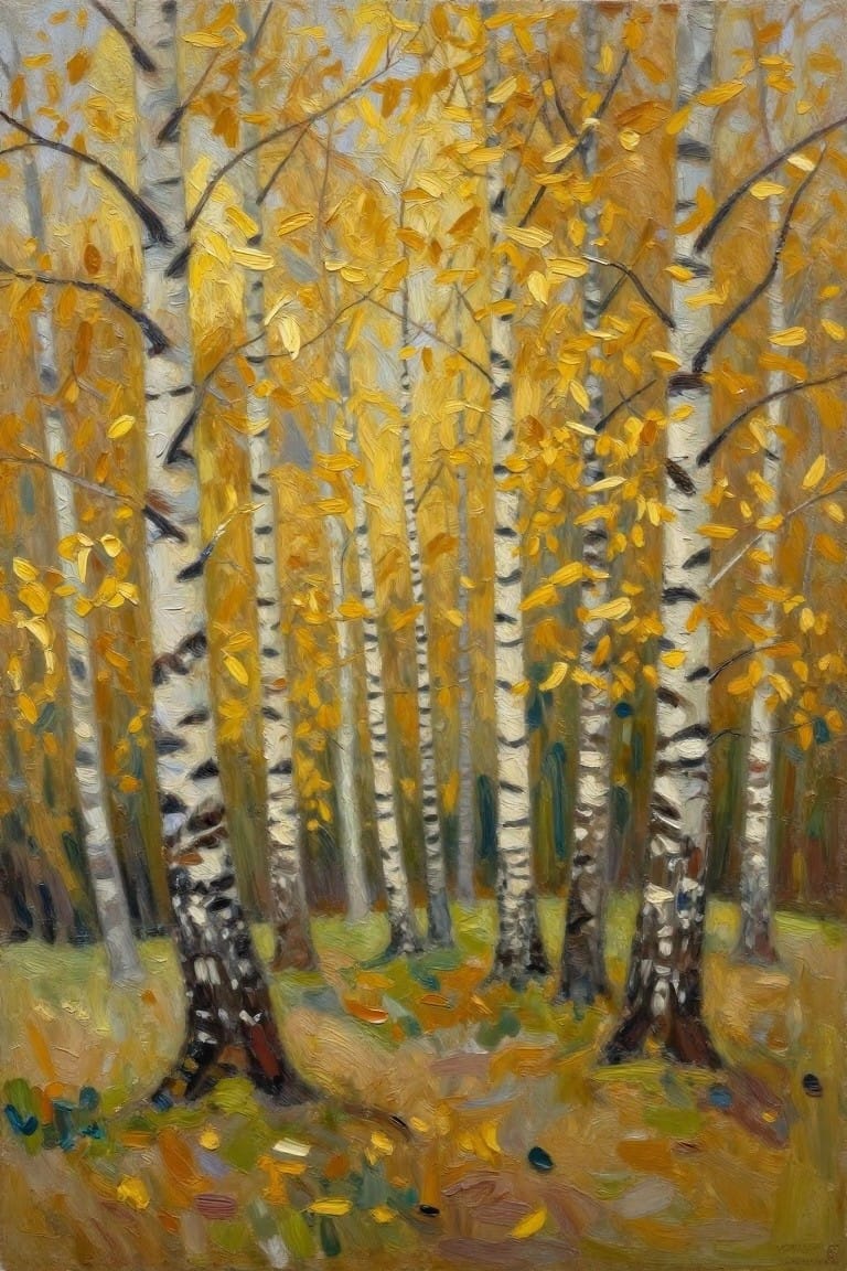 Yellow leaves falling among white-barked birch trees in autumn woodland.