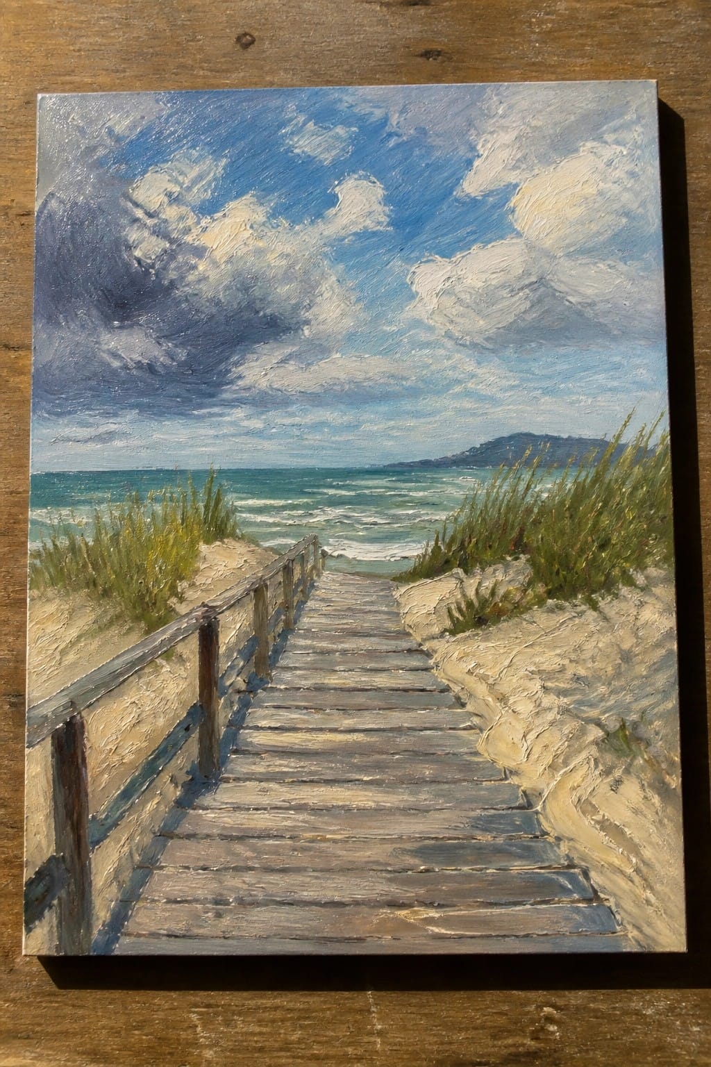 Wooden boardwalk descends through grassy dunes to turquoise ocean under cloudy blue sky.