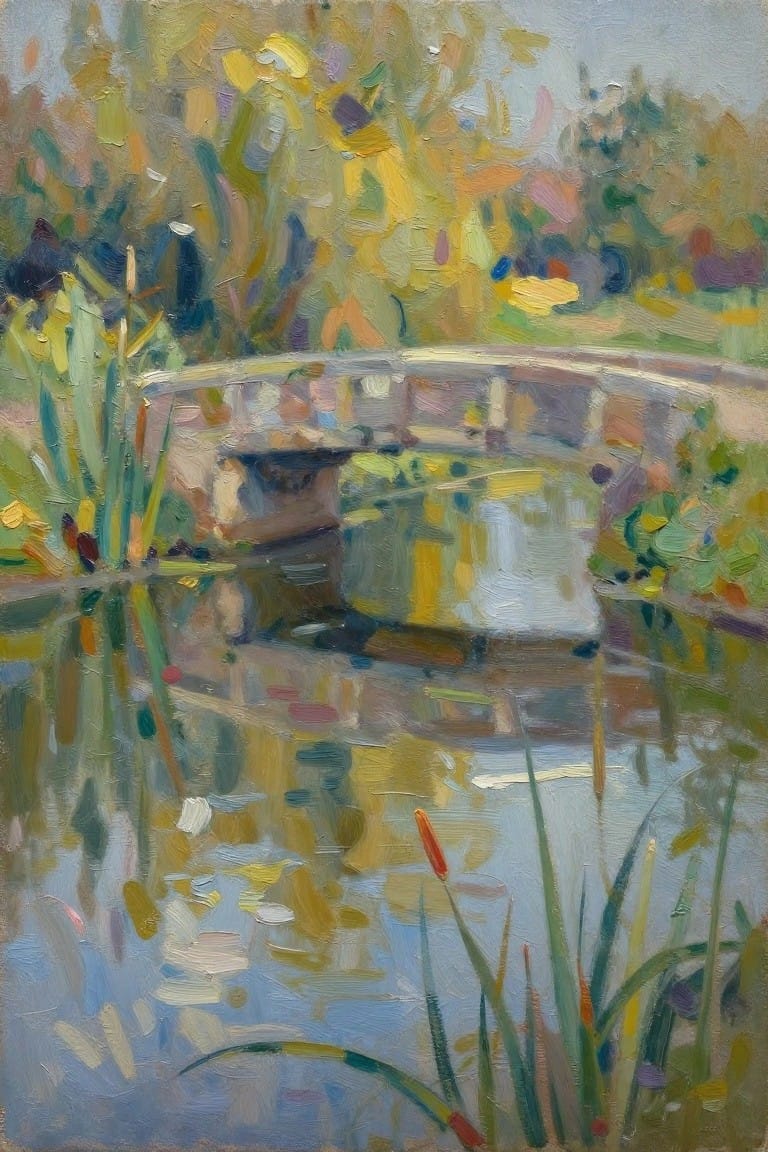 Impressionistic painting of arched bridge reflected in colorful pond amid reeds and foliage.