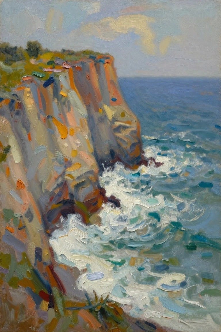 Impressionistic painting of colorful cliffs with white waves crashing into blue ocean.