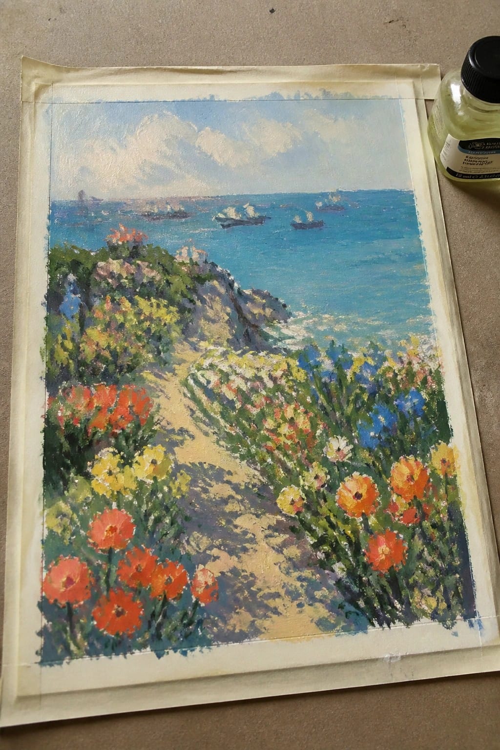Vibrant impressionist painting of poppies on a coastal cliff path by the blue sea with ships.