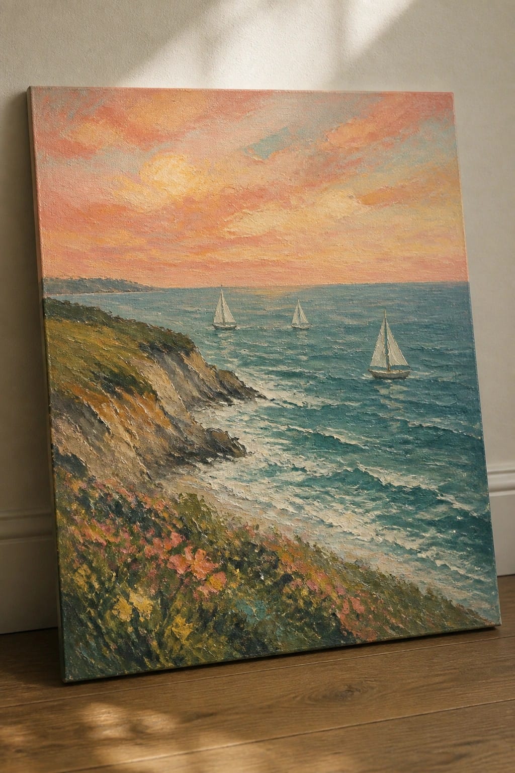 Impressionist painting of sailboats on turquoise sea from flower-covered cliffs under pink-orange sunset sky