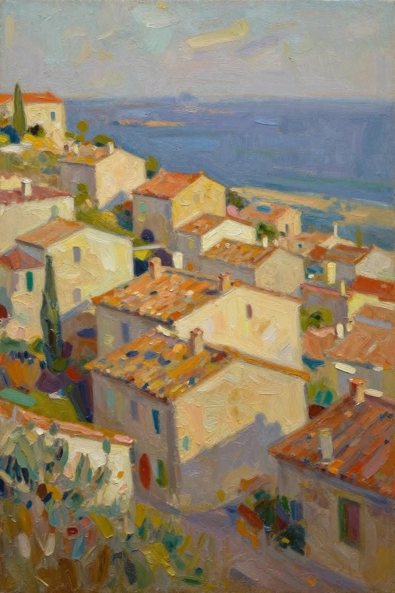 Vibrant impressionist painting of Mediterranean village rooftops overlooking blue sea