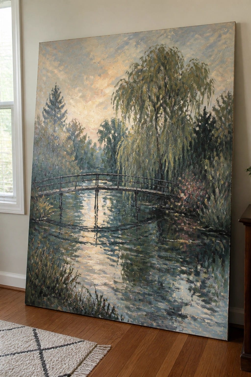 Large impressionist painting of arched bridge over reflective pond in sunlit room