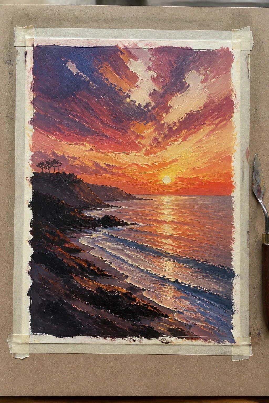 Dramatic sunset oil painting with orange skies, cliffs, waves, taped beside palette knife