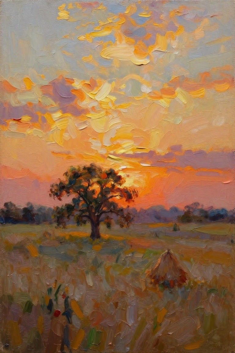 Vibrant oil painting of sunset with orange clouds over lone tree and haystack in fields