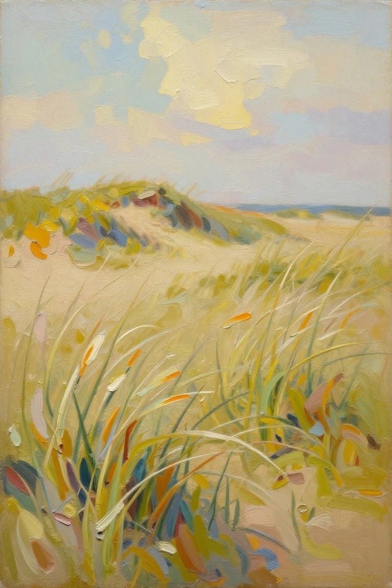 Impressionistic painting of windswept grasses on sandy dunes under a cloudy sky