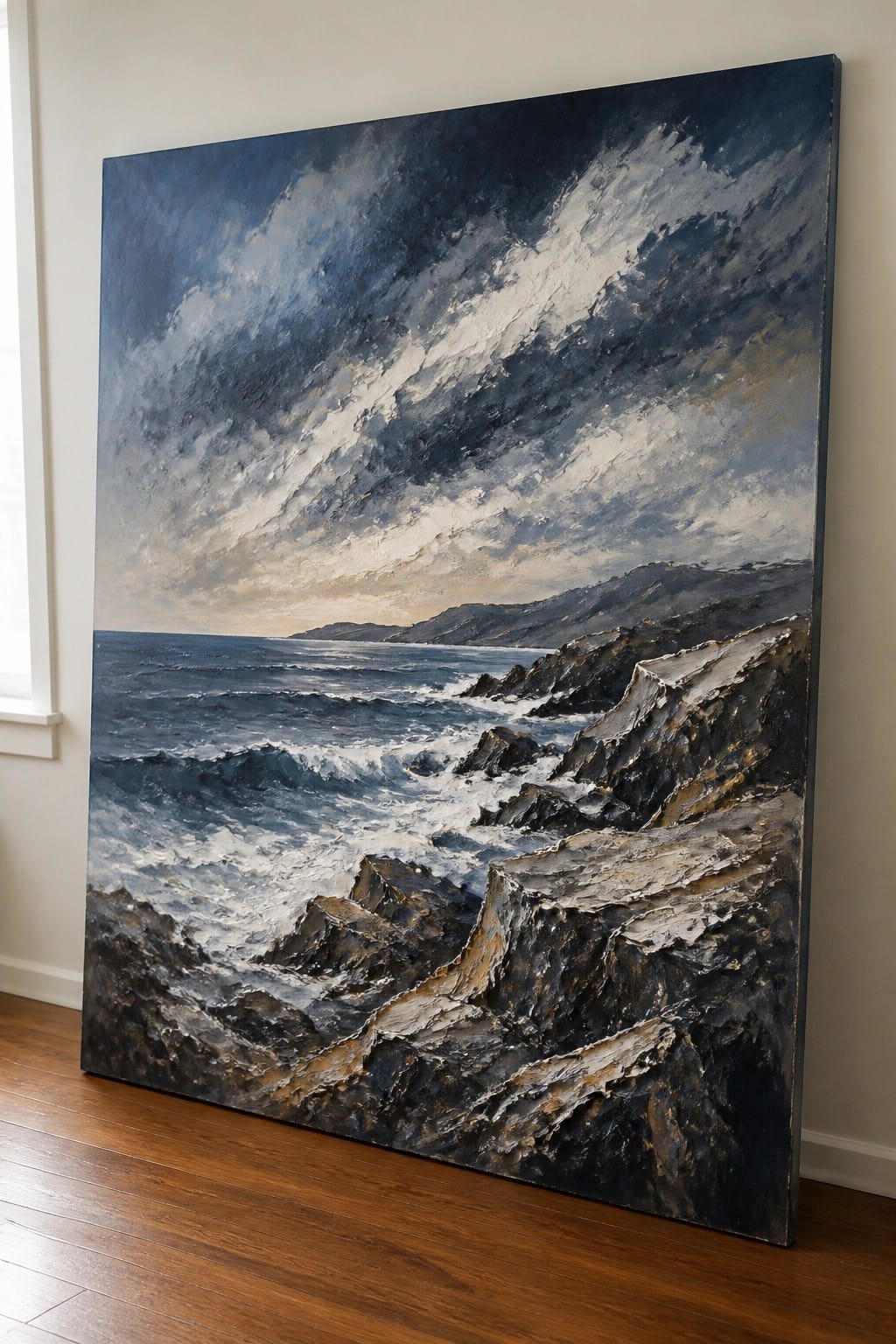 Large seascape painting of waves crashing on dark rocky cliffs under stormy sky