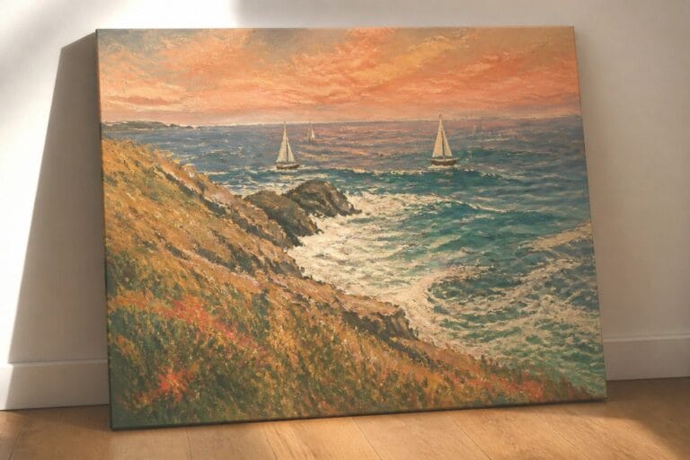 Impressionist painting of sailboats on turquoise sea from flower-covered cliffs under pink-orange sunset sky