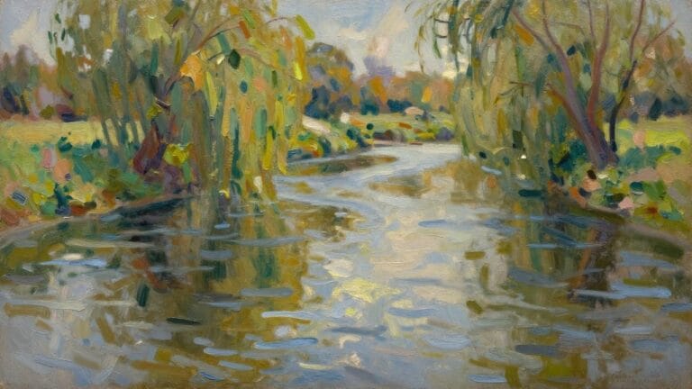 Impressionistic oil painting of colorful trees reflected in a rippling river.