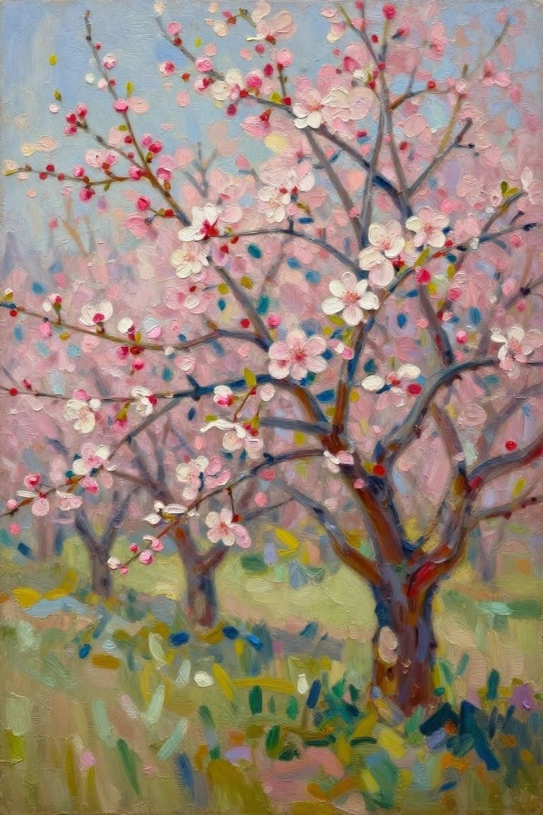 An oil painting of several trees covered in pink and white blossoms with brown branches set against a blue sky and green ground.