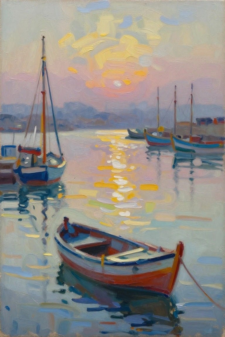 Impressionist oil painting of boats on reflective water beneath colorful sunset sky.