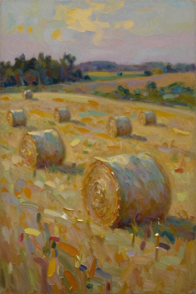 Hay bales dot a golden field under a pastel sky in an oil painting