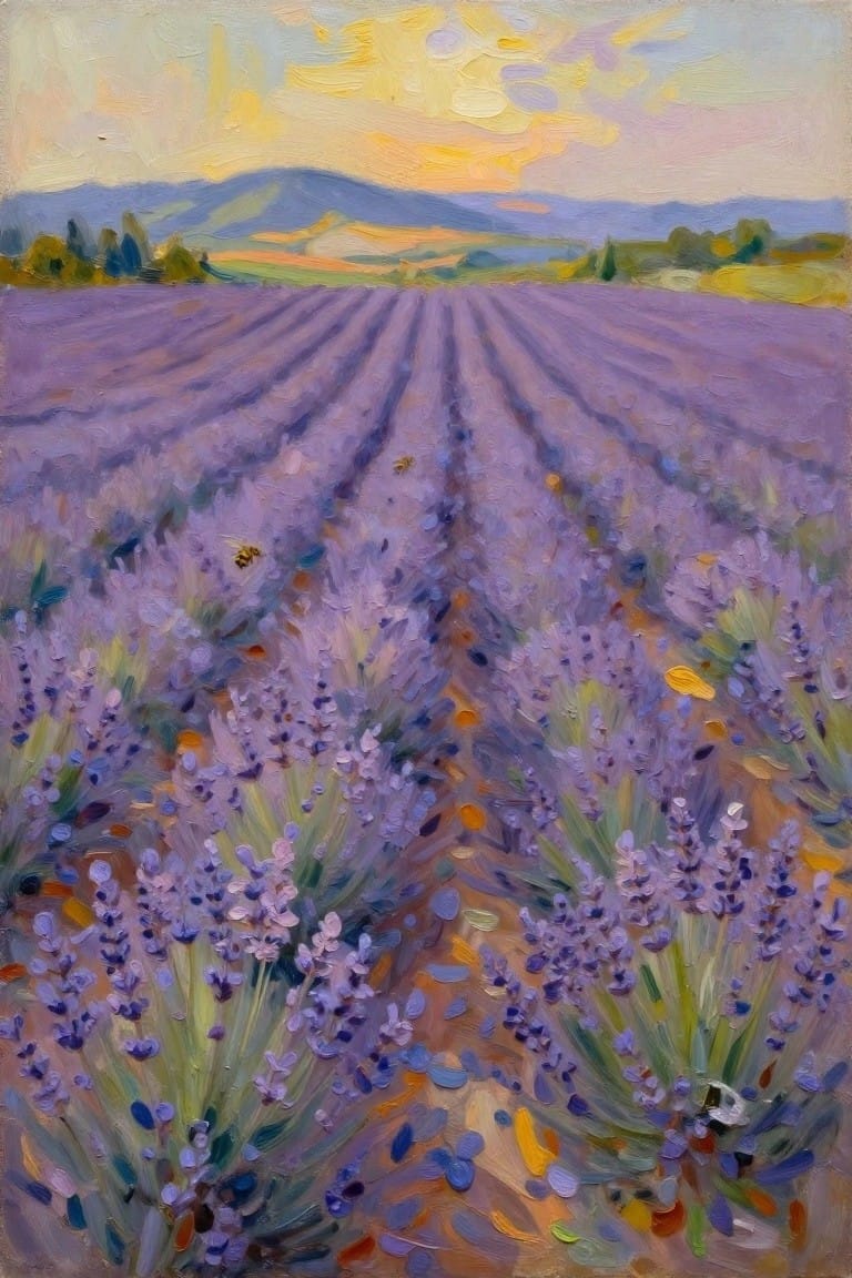 Vibrant oil painting of lavender rows at sunset with bees and rolling hills