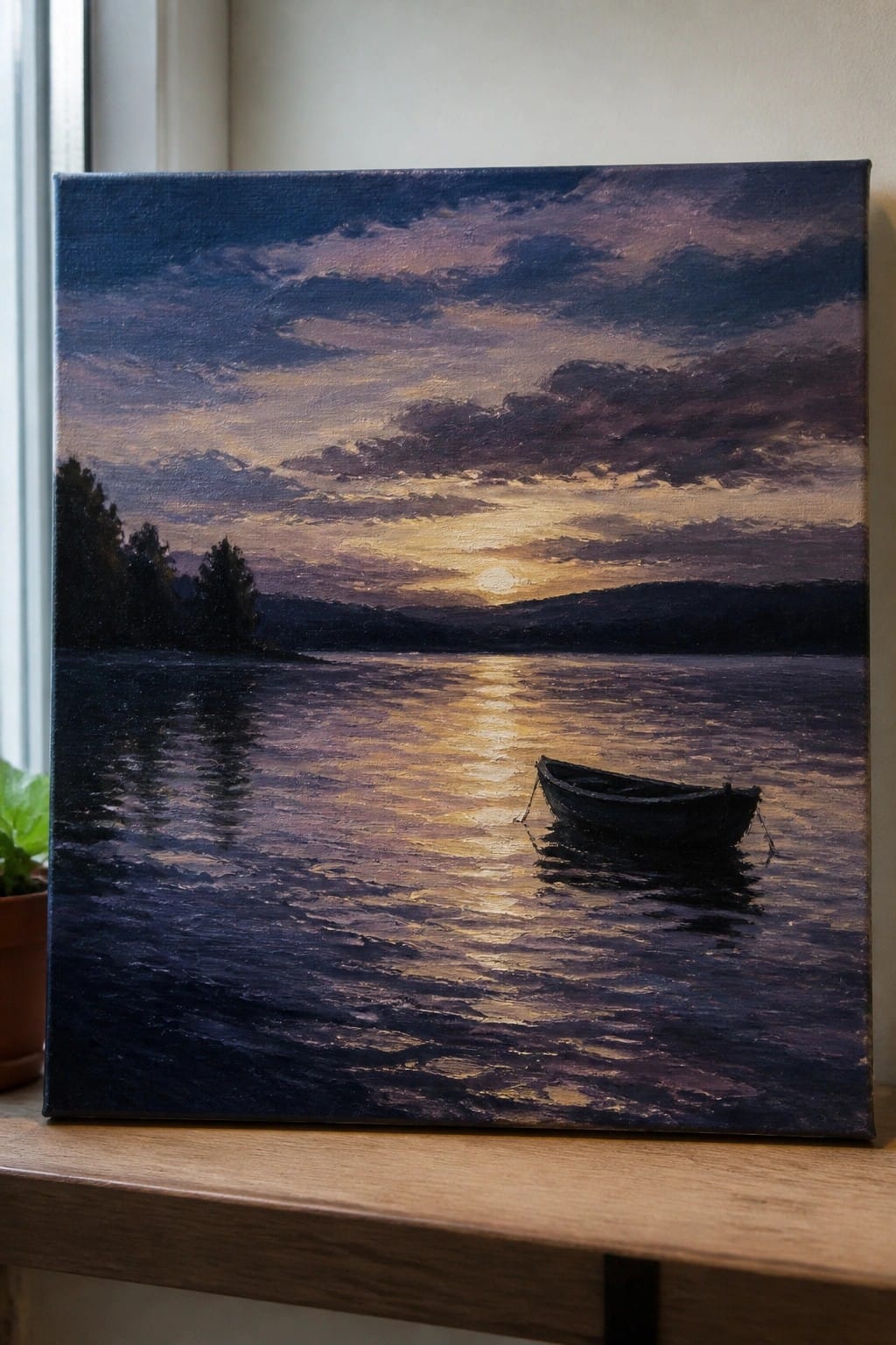 Oil painting of lone boat on rippled lake under orange-purple sunset sky with hills.