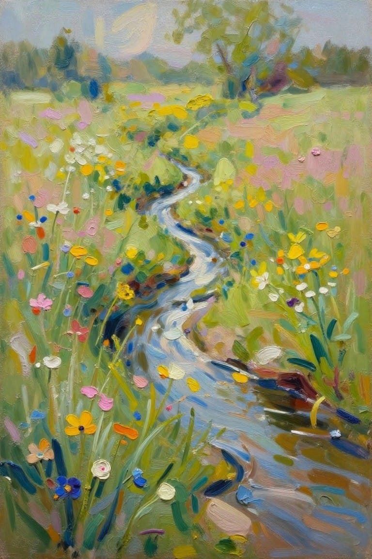 Vibrant oil painting of winding stream through colorful wildflower meadow